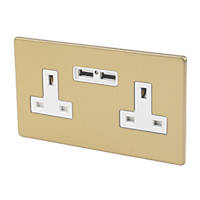 Varilight  13AX 2-Gang Unswitched Socket + 2.1A 2-Outlet Type A USB Charger Brushed Brass with White Inserts