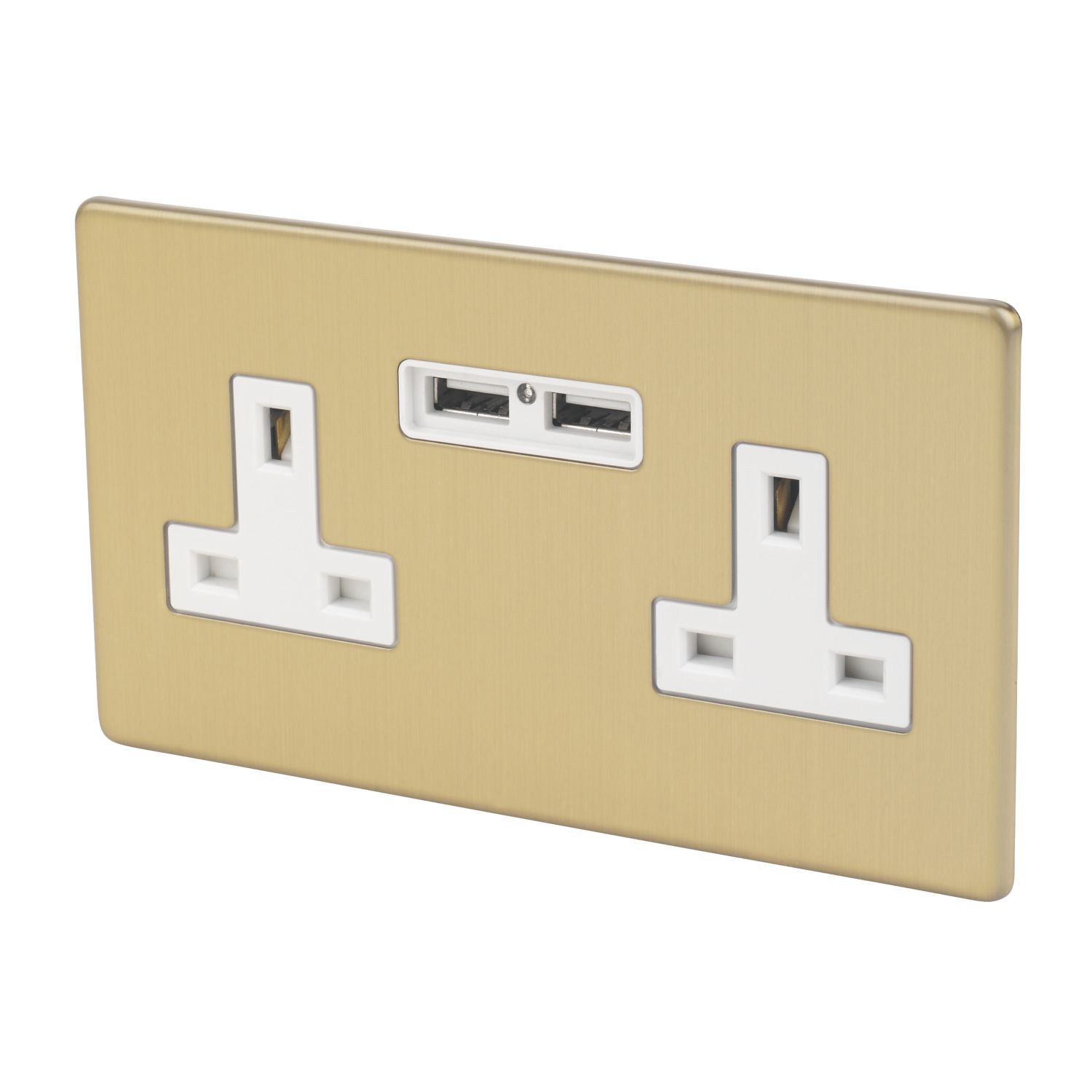 Varilight 13AX 2-Gang Unswitched Socket + 2.1A 10.5W 2-Outlet Type A USB Charger Brushed Brass with White Inserts (4863J)