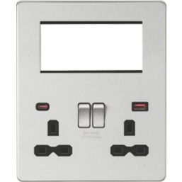 Knightsbridge SFR994BC 13A 2-Gang DP Combination Plate + 4.0A 18W 2-Outlet Type A & C USB Charger Brushed Chrome with Black Inserts