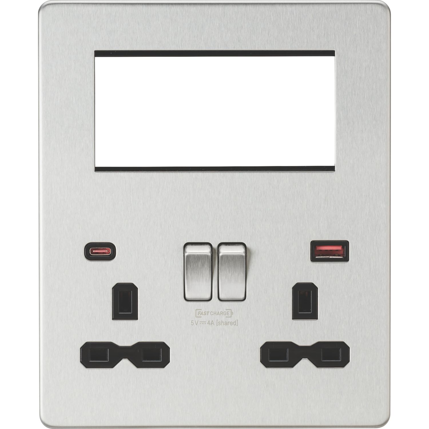 Knightsbridge SFR994BC 13A 2-Gang DP Combination Plate + 4.0A 18W 2-Outlet Type A & C USB Charger Brushed Chrome with Black Inserts (486VF)