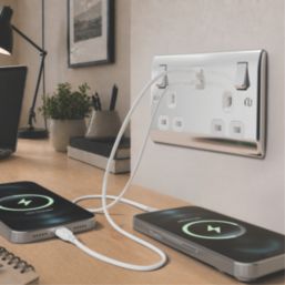 British General Nexus Metal 13A 2-Gang SP Switched Socket + 3.25A 45W 2-Outlet Type C USB Charger Polished Chrome with White Inserts
