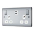 British General Nexus Metal 13A 2-Gang SP Switched Socket + 3.25A 45W 2-Outlet Type C USB Charger Polished Chrome with White Inserts