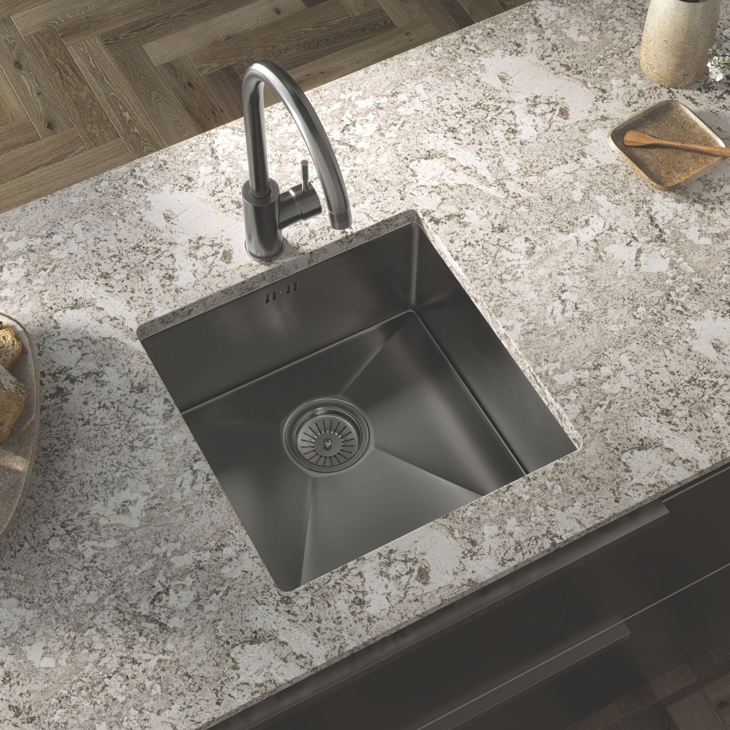 ETAL Elite 1 Bowl Stainless Steel Inset / Undermount Kitchen Sink Brushed Gun Metal 440mm x 205mm (487JL)