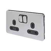 Schneider Electric Lisse Deco 13A 2-Gang SP Switched Plug Socket Polished Chrome  with Black Inserts