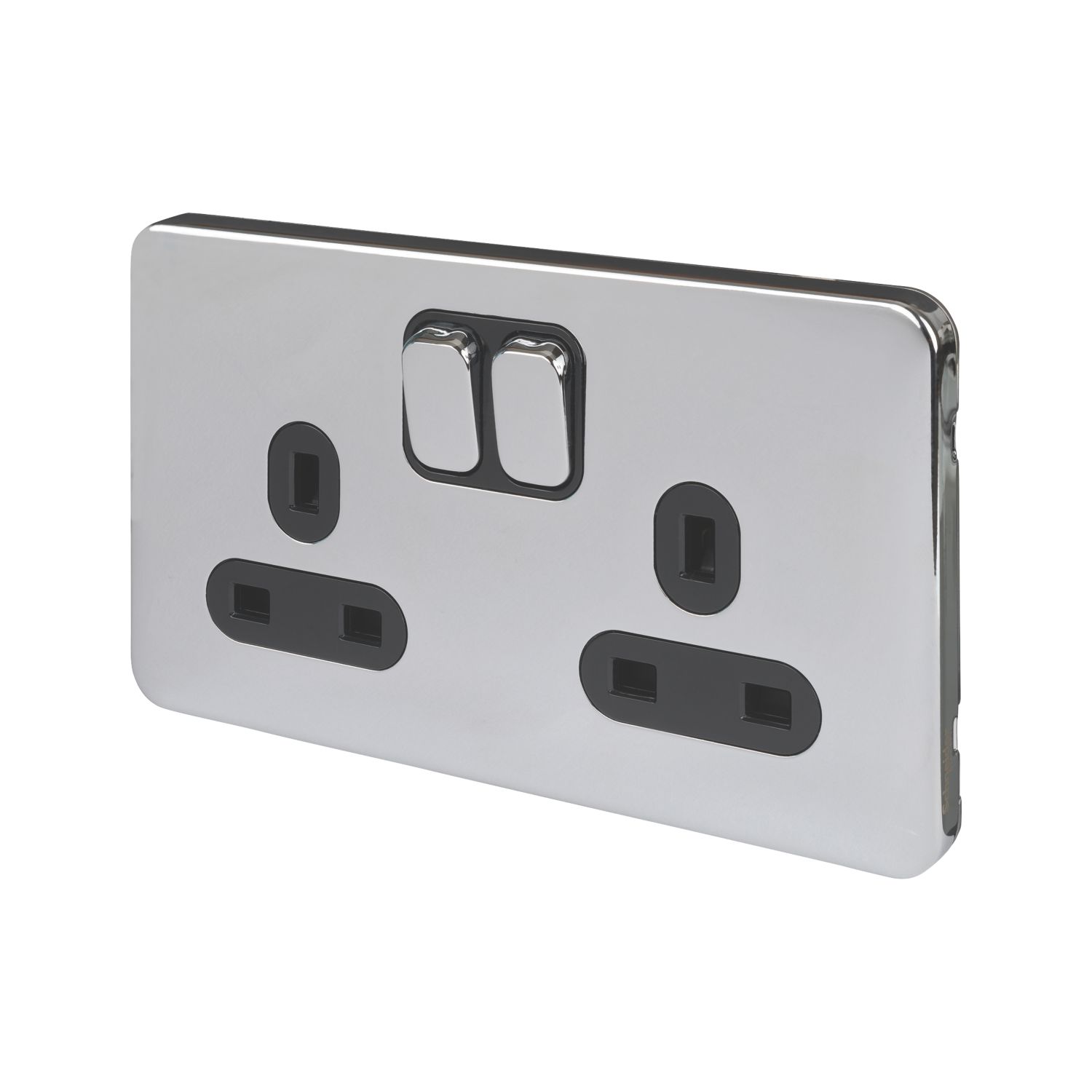 Schneider Electric Lisse Deco 13A 2-Gang SP Switched Plug Socket Polished Chrome with Black Inserts (488FF)