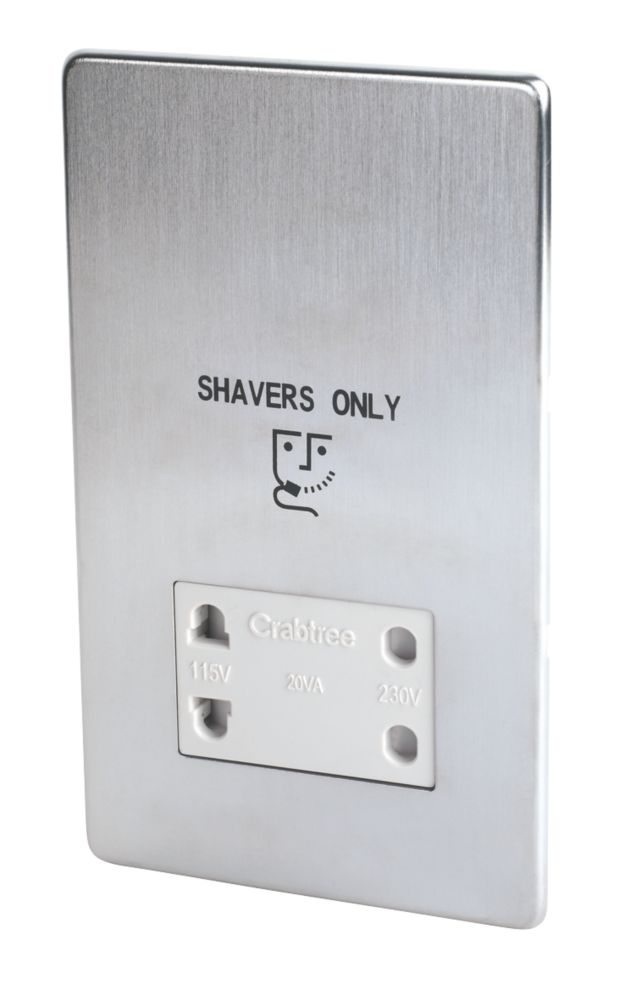 Crabtree Platinum 2-Gang Dual Voltage Shaver Socket 115 / 230V Satin Chrome with White Inserts