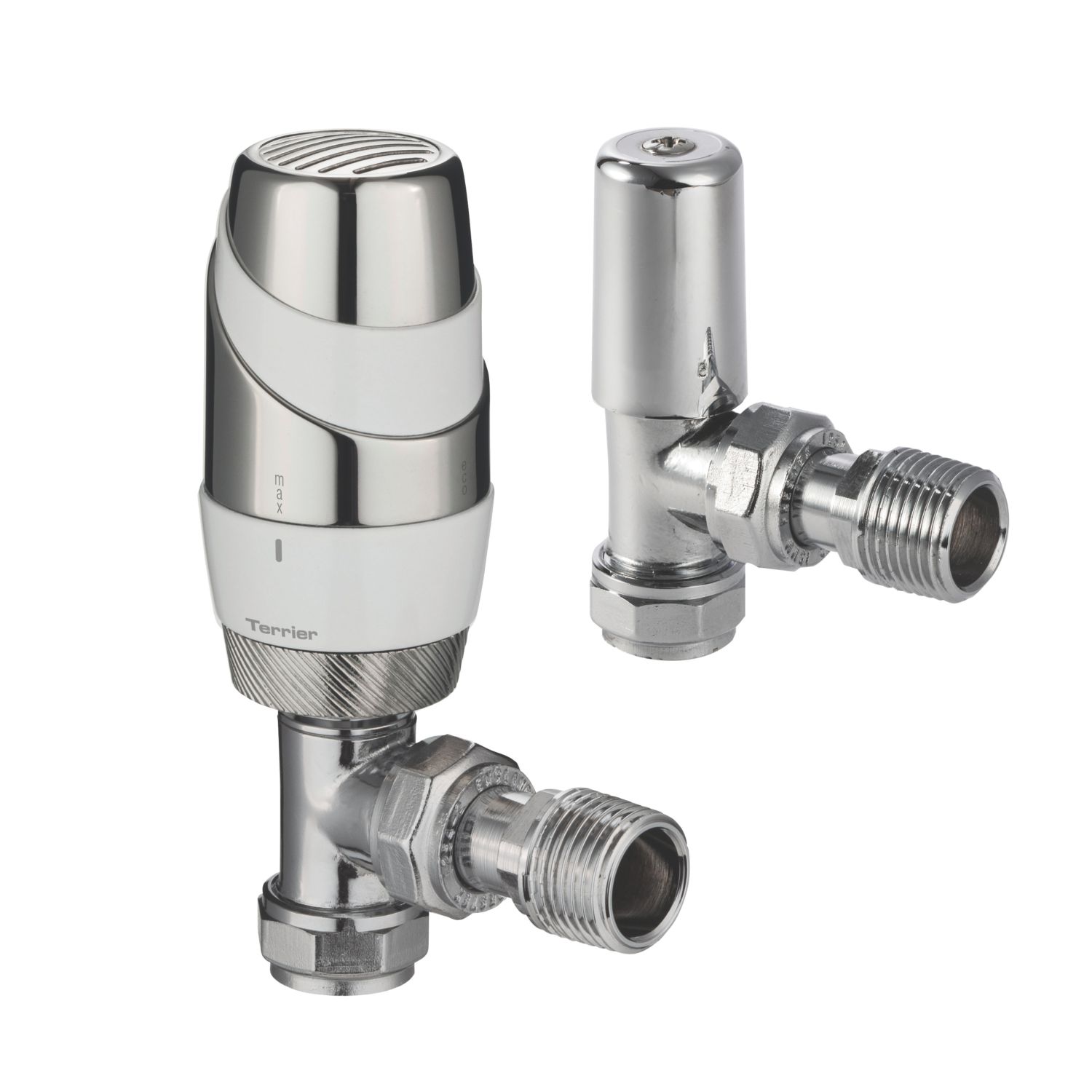 Terrier Decorative 15mm x 1/2" White/Chrome Angled & L/S Modern Thermostatic Radiator Valve & Lockshield (4899G)