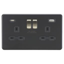 Knightsbridge Screwless 13A 2-Gang SP Switched Socket + 4.0A 20W 2-Outlet Type A & C USB Charger Matt Black with Black Inserts