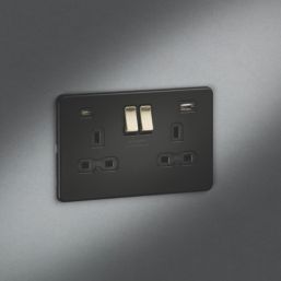 Knightsbridge Screwless 13A 2-Gang SP Switched Socket + 4.0A 20W 2-Outlet Type A & C USB Charger Matt Black with Black Inserts