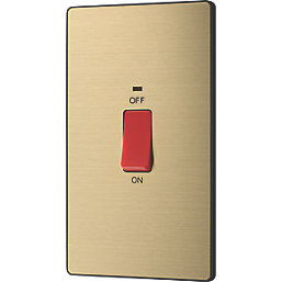 British General Evolve 45A 2-Gang 2-Pole Cooker Switch Satin Brass with LED with Black Inserts
