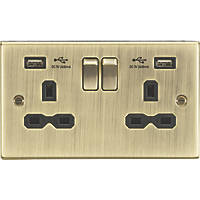 Knightsbridge CS9224AB 13A 2-Gang SP Switched Socket + 2.4A 2-Outlet Type A USB Charger Antique Brass with Black Inserts