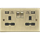 Knightsbridge  13A 2-Gang SP Switched Socket + 2.4A 2-Outlet Type A USB Charger Antique Brass with Black Inserts
