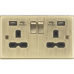 Knightsbridge  13A 2-Gang SP Switched Socket + 2.4A 12W 2-Outlet Type A USB Charger Antique Brass with Black Inserts