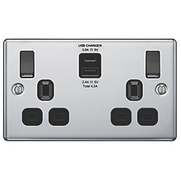 LAP  13A 2-Gang SP Switched Socket + 4.2A 2-Outlet Type A & C USB Charger Polished Chrome with Black Inserts