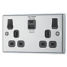 LAP  13A 2-Gang SP Switched Socket + 4.2A 2-Outlet Type A & C USB Charger Polished Chrome with Black Inserts