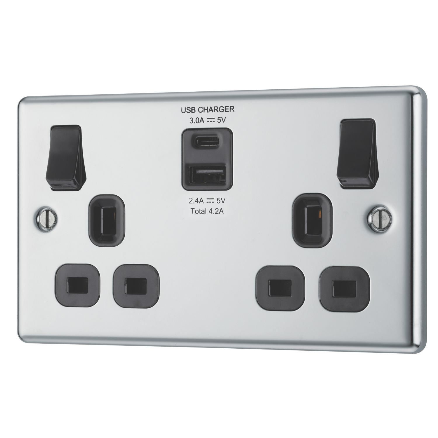 LAP 13A 2-Gang SP Switched Socket + 4.2A 15W 2-Outlet Type A & C USB Charger Polished Chrome with Black Inserts (491HF)
