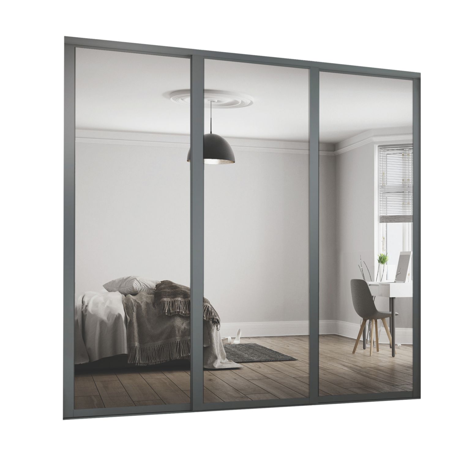 Spacepro Shaker 3-Door Sliding Wardrobe Door Kit Graphite Frame Mirror Panel 2978mm x 2260mm (491KJ)