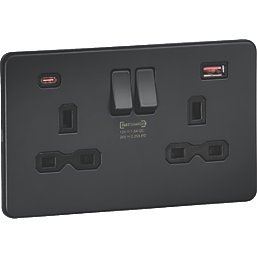 Knightsbridge  13A 2-Gang DP Switched Socket + 2.25A 45W 2-Outlet Type A & C USB Charger Anthracite with Black Inserts