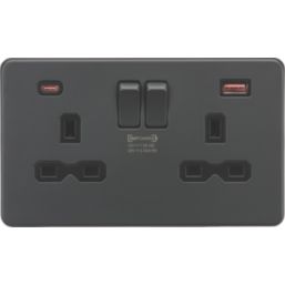 Knightsbridge  13A 2-Gang DP Switched Socket + 2.25A 45W 2-Outlet Type A & C USB Charger Anthracite with Black Inserts