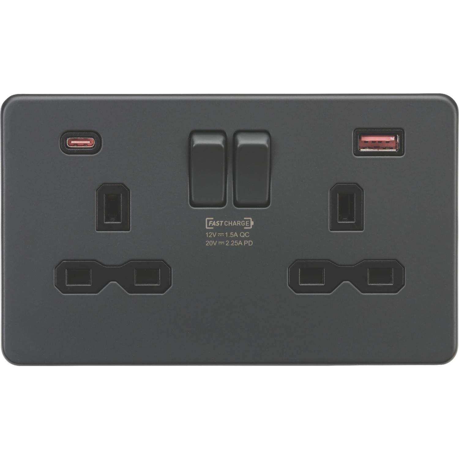 Knightsbridge 13A 2-Gang DP Switched Socket + 2.25A 45W 2-Outlet Type A & C USB Charger Anthracite with Black Inserts (491PX)