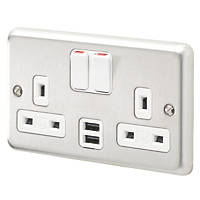 MK Albany Plus 13A 2-Gang DP Switched Socket + 2A 2-Outlet Type A USB Charger Brushed Stainless Steel with White Inserts