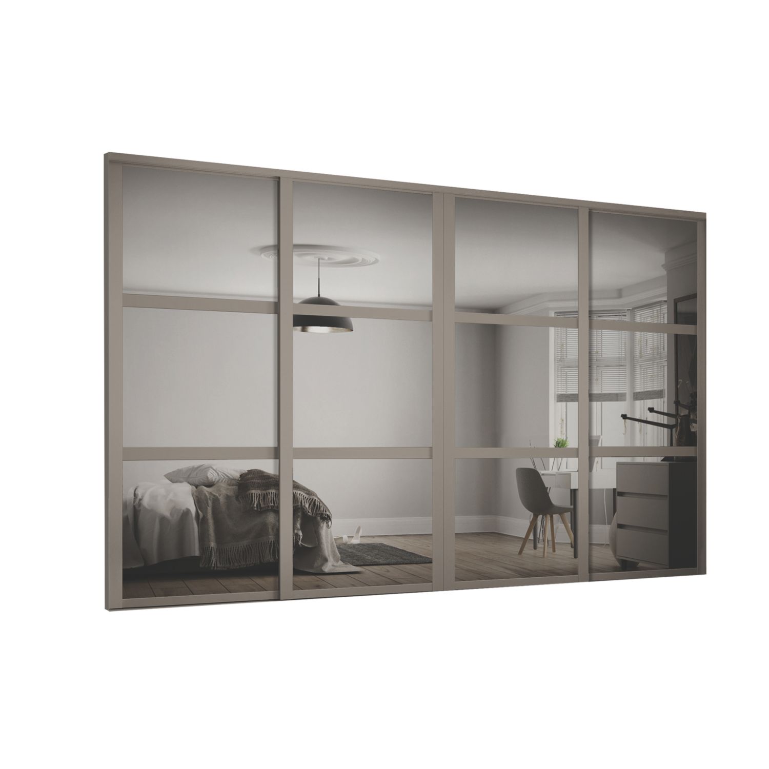 Spacepro Shaker 4-Door Sliding Wardrobe Door Kit Stone Grey Frame Mirror Panel 2370mm x 2260mm (492KJ)