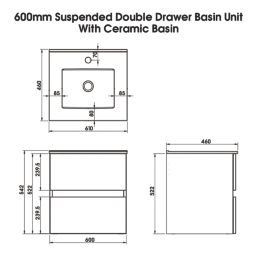 Newland  Double Drawer Wall-Mounted Vanity Unit with Basin Matt Midnight Mist 600mm x 450mm x 540mm