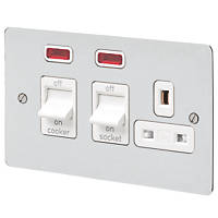 MK Edge 45A 2-Gang DP Cooker Switch & 13A DP Switched Socket Polished Chrome with Neon with White Inserts