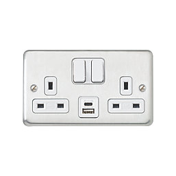 MK Contoura 13A 2-Gang DP Switched Socket + 3A 15.5W 2-Outlet Type A & C USB Charger Brushed Stainless Steel with White Inserts