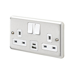 MK Contoura 13A 2-Gang DP Switched Socket + 3A 15.5W 2-Outlet Type A & C USB Charger Brushed Stainless Steel with White Inserts