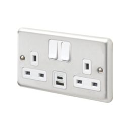 MK Contoura 13A 2-Gang DP Switched Socket + 3A 2-Outlet Type A & C USB Charger Brushed Stainless Steel with White Inserts