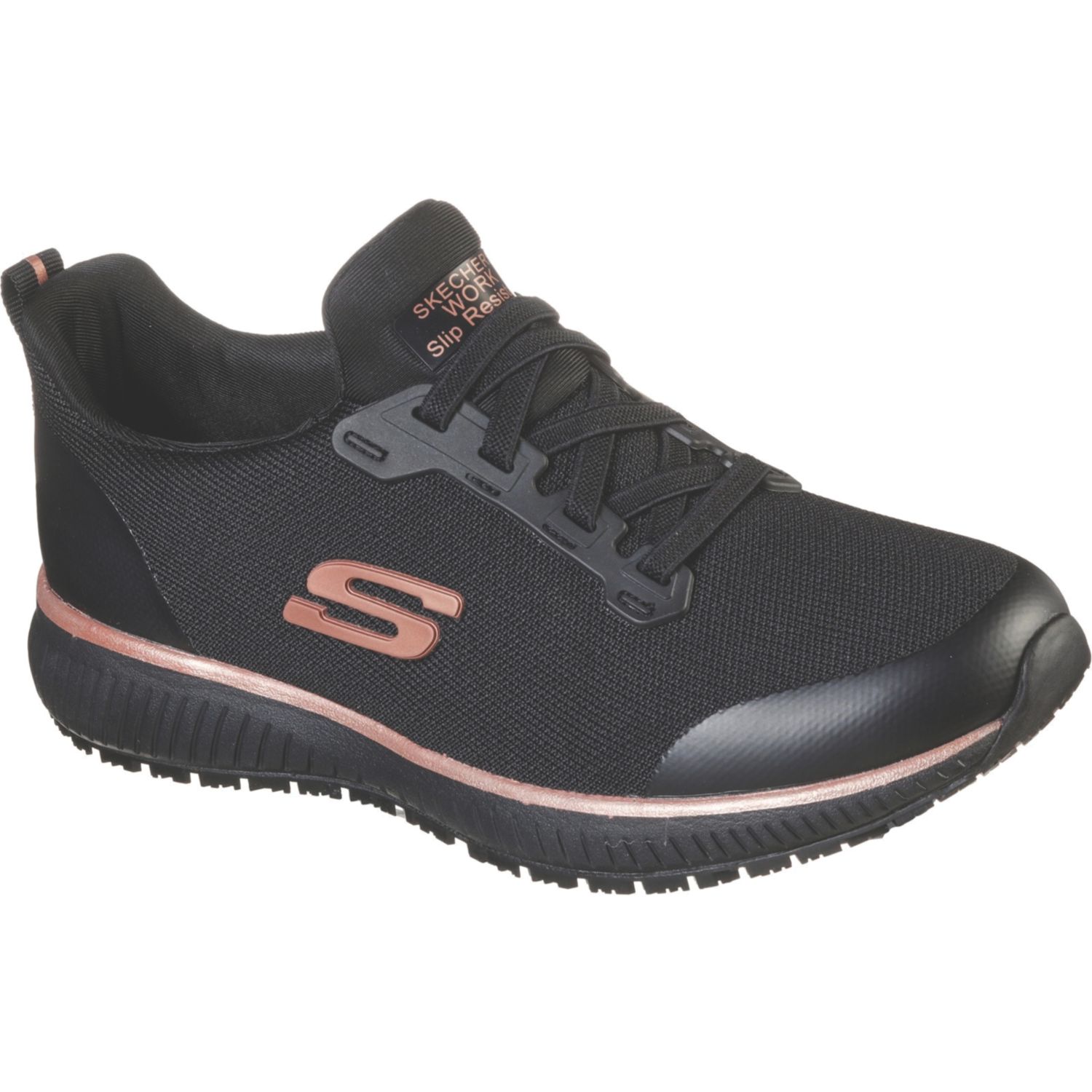 Skechers Squad SR Size 5 Womens Black/Rose Gold Slip-On Occupational Work Trainers (493XT)