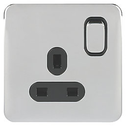 Schneider Electric Lisse Deco 13A 1-Gang SP Switched Plug Socket Polished Chrome  with Black Inserts