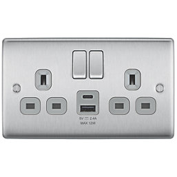 British General Nexus Metal 13A 2-Gang SP Switched Socket + 2.4A 12W 2-Outlet Type A & C USB Charger Brushed Steel with Grey Inserts