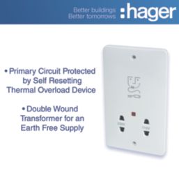 Hager WMSO100 1-Gang Dual Voltage Shaver Socket 115/230V ACV White with White Inserts