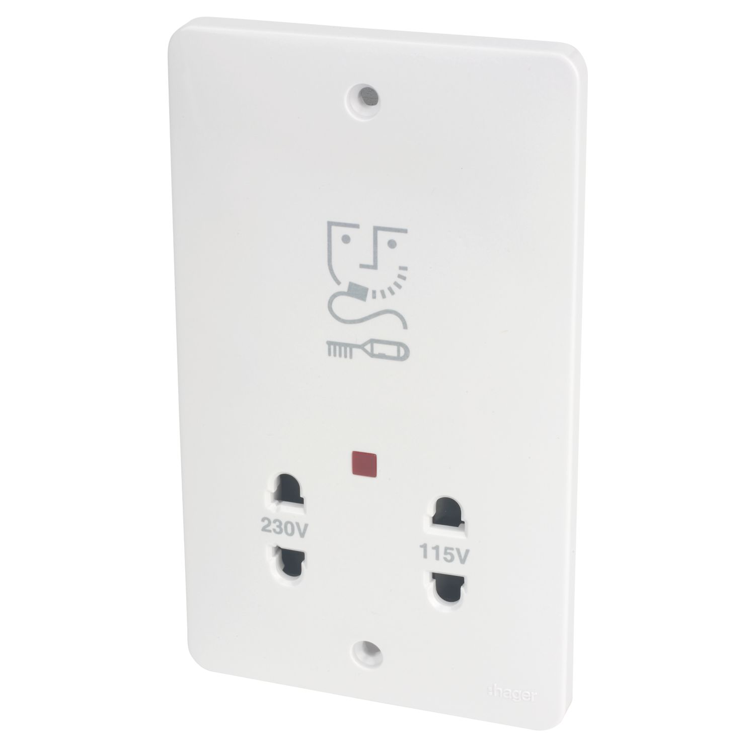 Hager WMSO100 1-Gang Dual Voltage Shaver Socket 115/230V ACV White with White Inserts (495AM)
