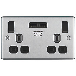 LAP  13A 2-Gang SP Switched Socket + 3.1A 2-Outlet Type A USB Charger Brushed Stainless Steel with Black Inserts