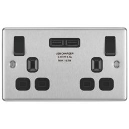 LAP  13A 2-Gang SP Switched Socket + 3.1A 15.5W 2-Outlet Type A USB Charger Brushed Stainless Steel with Black Inserts