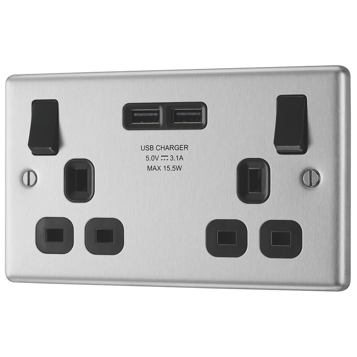 LAP 13A 2-Gang SP Switched Socket + 3.1A 15.5W 2-Outlet Type A USB Charger Brushed Stainless Steel with Black Inserts (4962P)