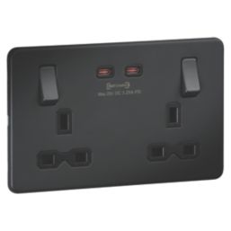 Knightsbridge  13A 2-Gang DP Switched Socket + 3.25A 65W 2-Outlet Type C USB Charger Anthracite with Black Inserts