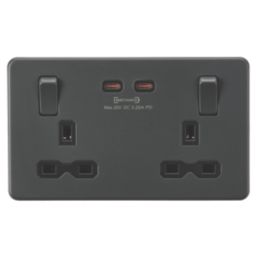 Knightsbridge  13A 2-Gang DP Switched Socket + 3.25A 65W 2-Outlet Type C USB Charger Anthracite with Black Inserts