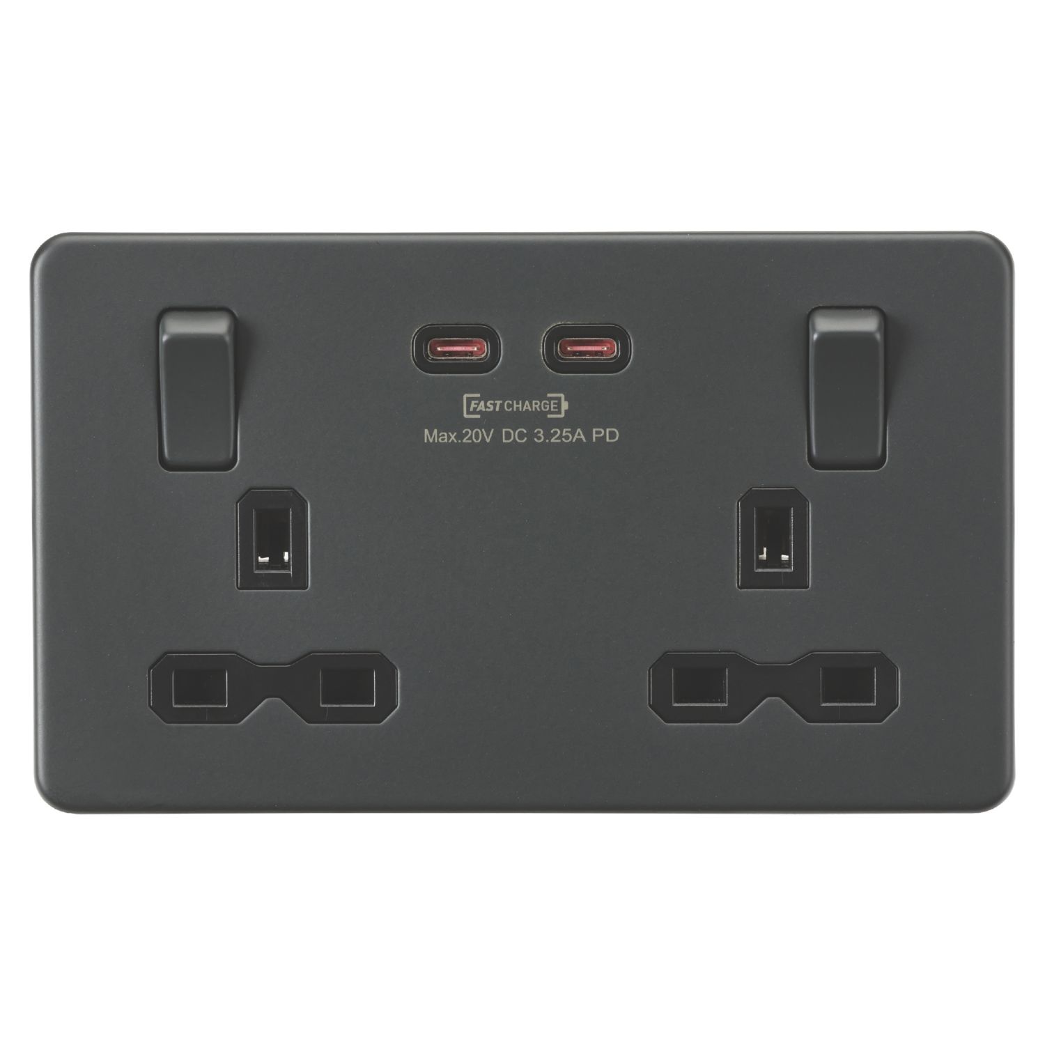 Knightsbridge 13A 2-Gang DP Switched Socket + 3.25A 65W 2-Outlet Type C USB Charger Anthracite with Black Inserts (496CR)