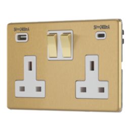 Contactum Lyric 13A 2-Gang DP Switched Socket + 4.8A 24W 2-Outlet Type A & C USB Charger Brushed Brass with White Inserts