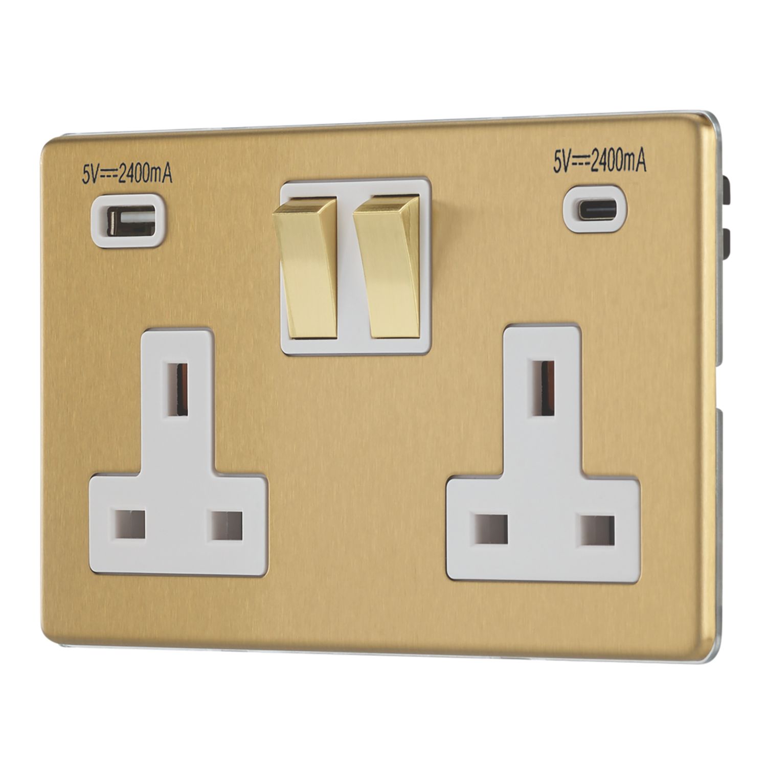Contactum Lyric 13A 2-Gang DP Switched Socket + 4.8A 24W 2-Outlet Type A & C USB Charger Brushed Brass with White Inserts (498RP)