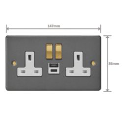 Varilight  13A 2-Gang 1P+N Switched Socket + 4A 20W 2-Outlet Type A & C USB Charger Graphite Grey with White Inserts