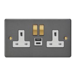 Varilight  13A 2-Gang 1P+N Switched Socket + 4A 20W 2-Outlet Type A & C USB Charger Graphite Grey with White Inserts