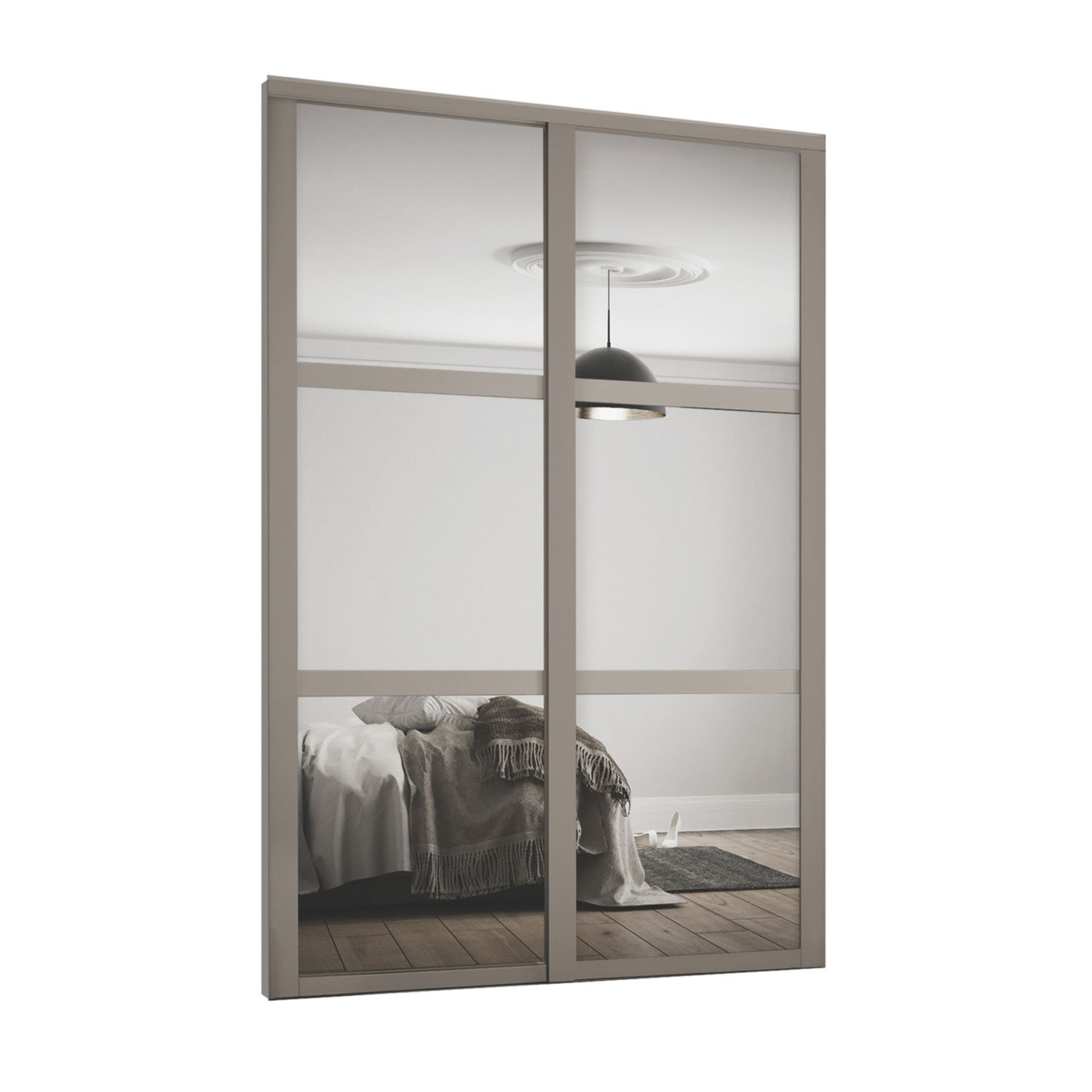 Spacepro Shaker 2-Door Sliding Wardrobe Door Kit Stone Grey Frame Mirror Panel 1489mm x 2260mm (499KJ)