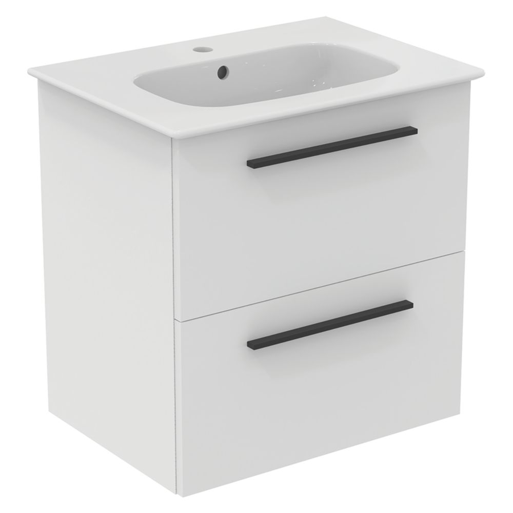 Ideal Standard i.life A Wall-Hung Vanity Unit with Black Handles & Basin Matt White 600mm x 440mm x 630mm