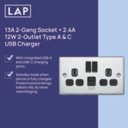 LAP  13A 2-Gang SP Switched Socket + 2.4A 12W 2-Outlet Type A & C USB Charger Polished Chrome with Black Inserts