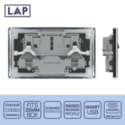 LAP  13A 2-Gang SP Switched Socket + 2.4A 12W 2-Outlet Type A & C USB Charger Polished Chrome with Black Inserts